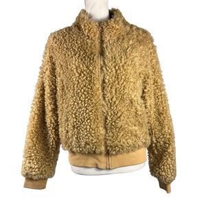 New Say What Sherpa Bomber Jacket Medium Taupe Zip Up